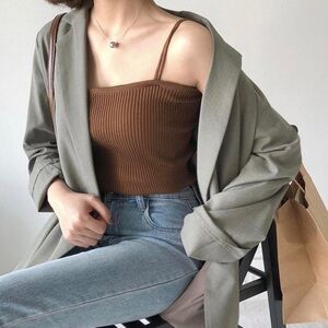 Brown Ribbed Tank Top with Gray Jacket